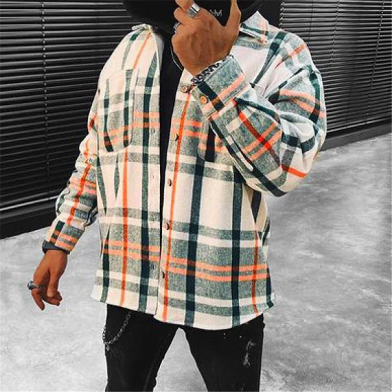 Men's Flannel Shirt with Stand-Up Collar